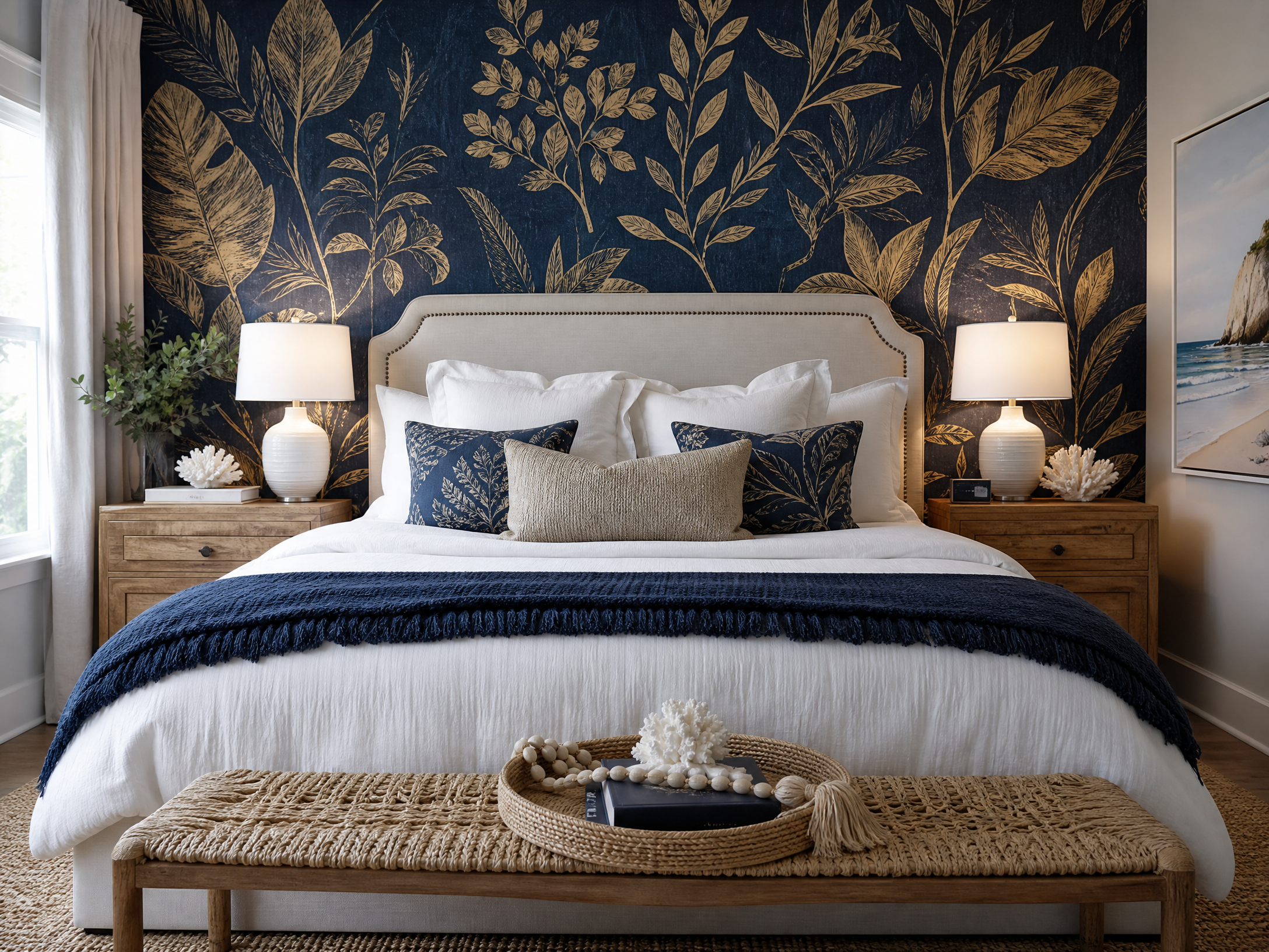 Master bedroom with deep navy botanical feature wall wallpaper