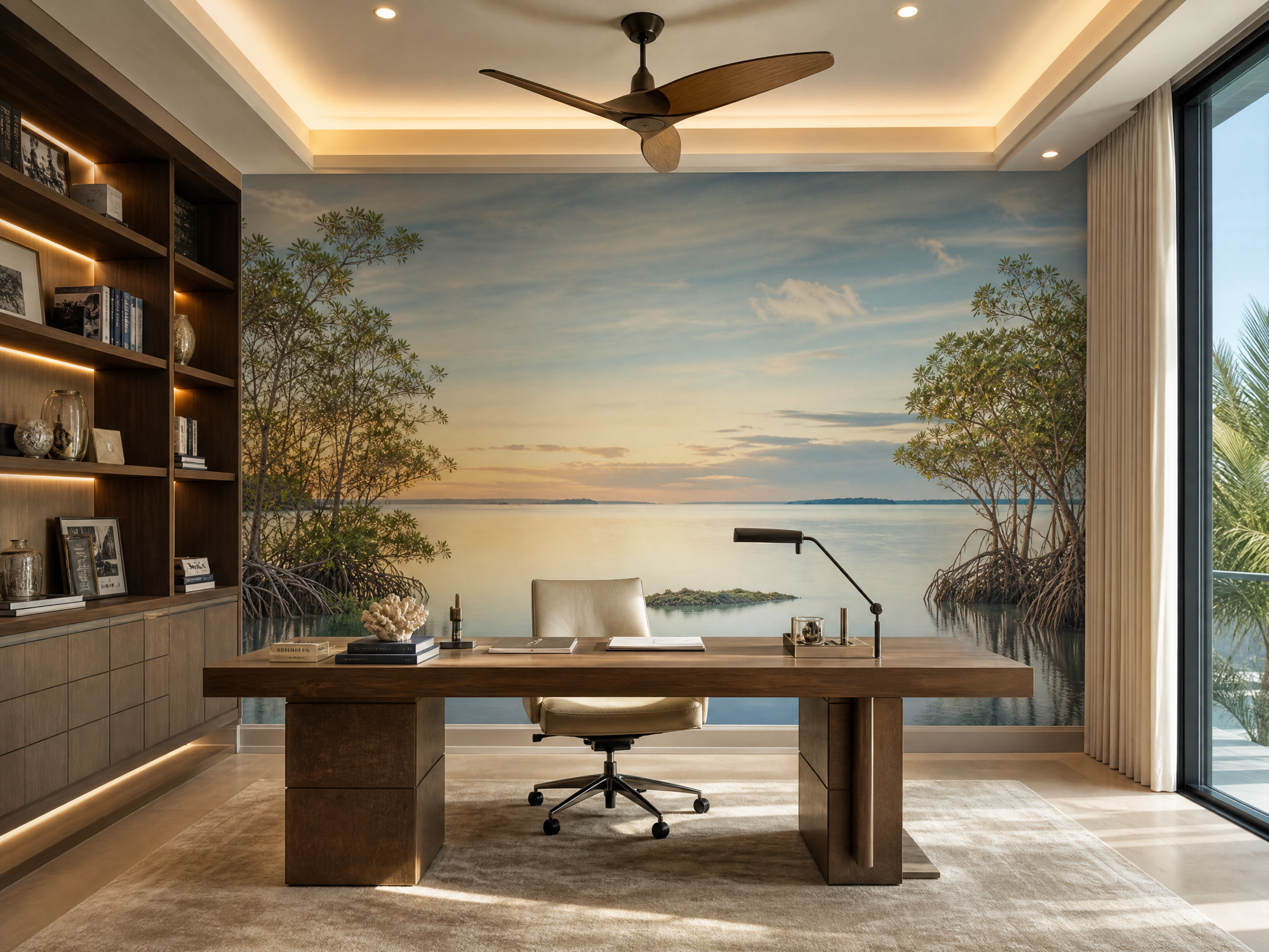 Home office with custom coastal Florida mural wallpaper
