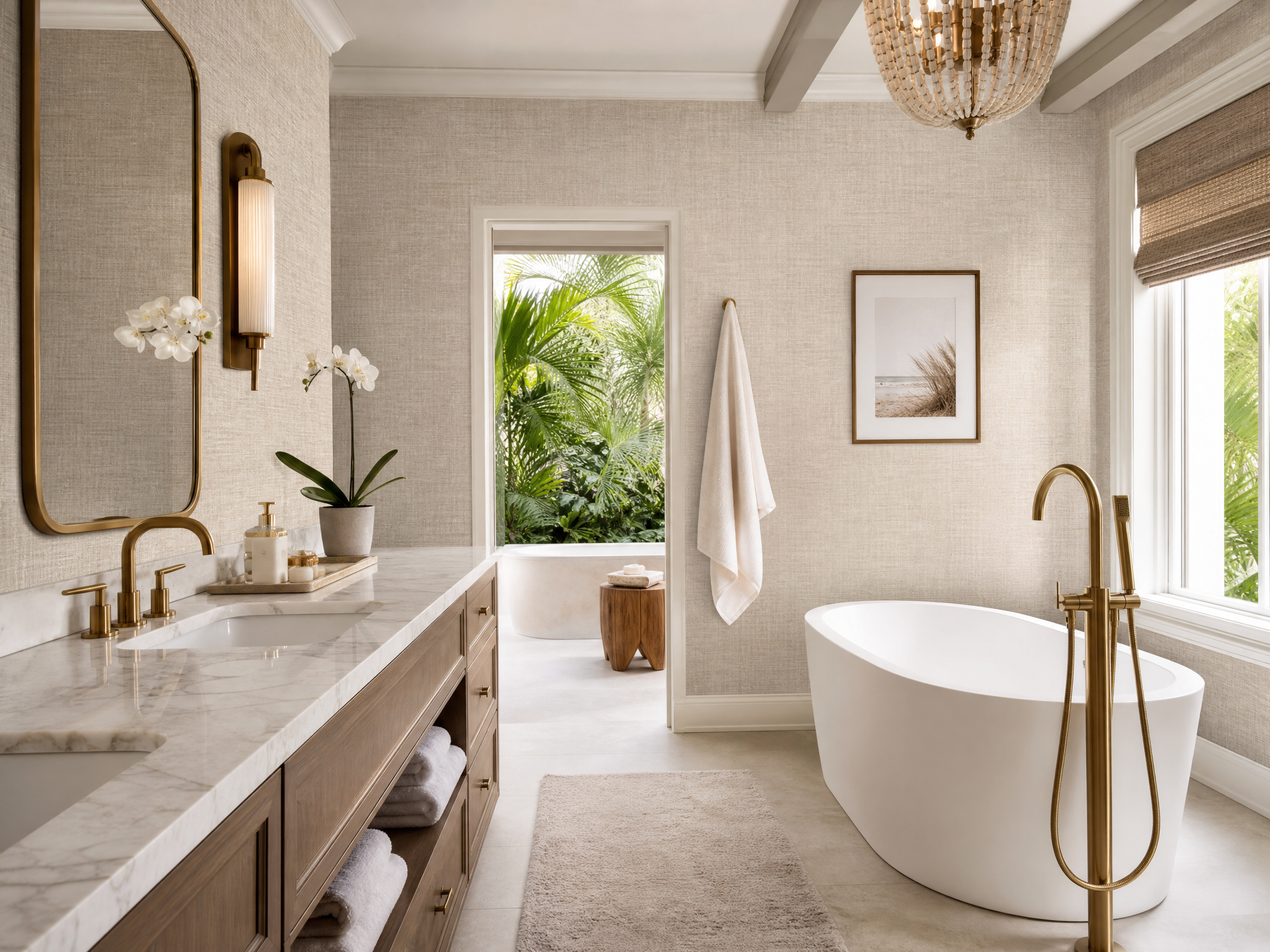 Luxury bathroom with ivory linen-texture vinyl wallcovering