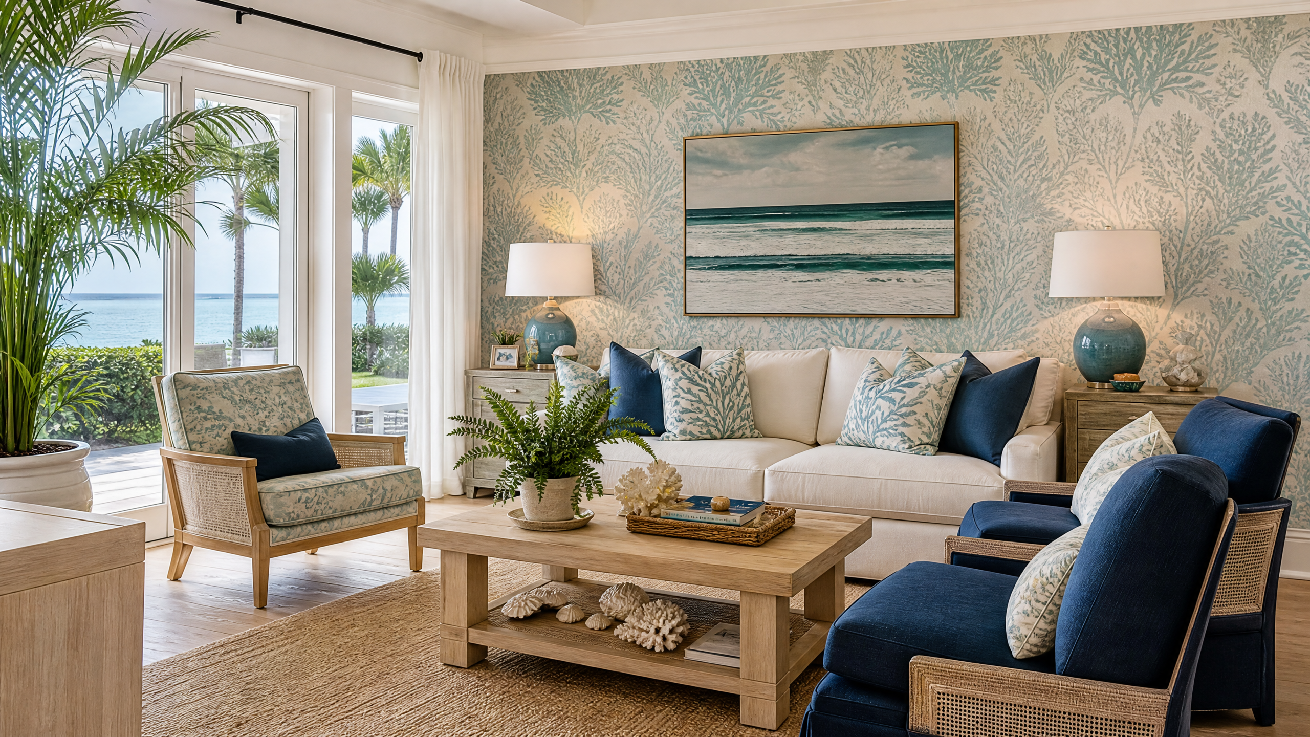 Luxury coastal Florida living room with botanical wallpaper installation